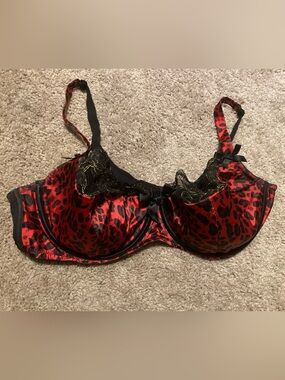 Cacique Red and Black Leopard Satin Push-Up Bra with Gold Lace Trim
